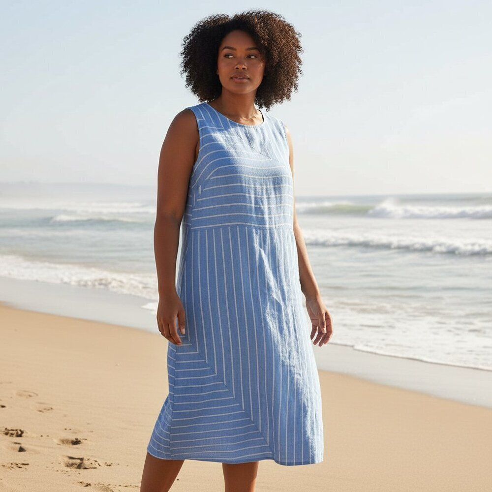Vanessa Zani 100% Linen Stripe Midi Dress size Large sustainable lagenlook NWT